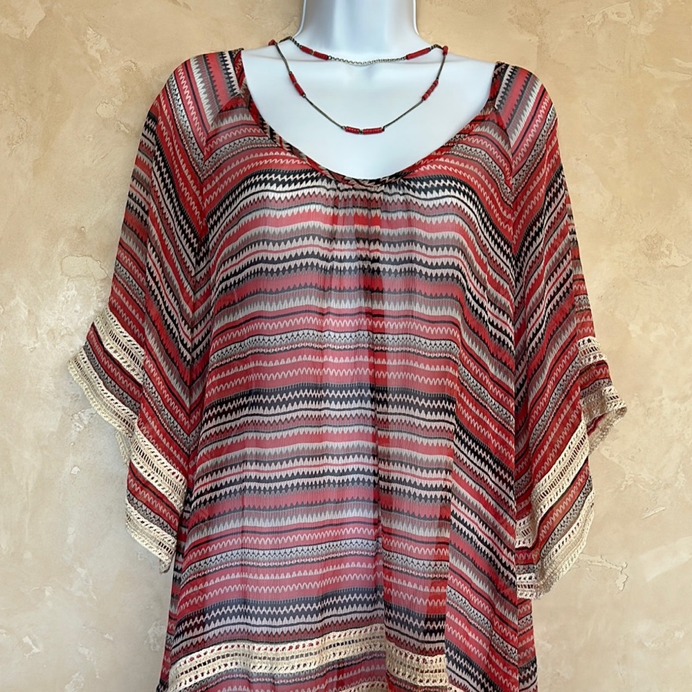 Ella Moss Coral Multicolor Zigzag Sheer Top- L